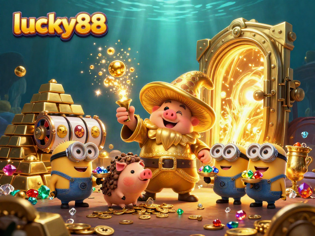 Experience excitement at lucky88 with a golden mushroom wizard and gaming treasures in an enchanting scene.