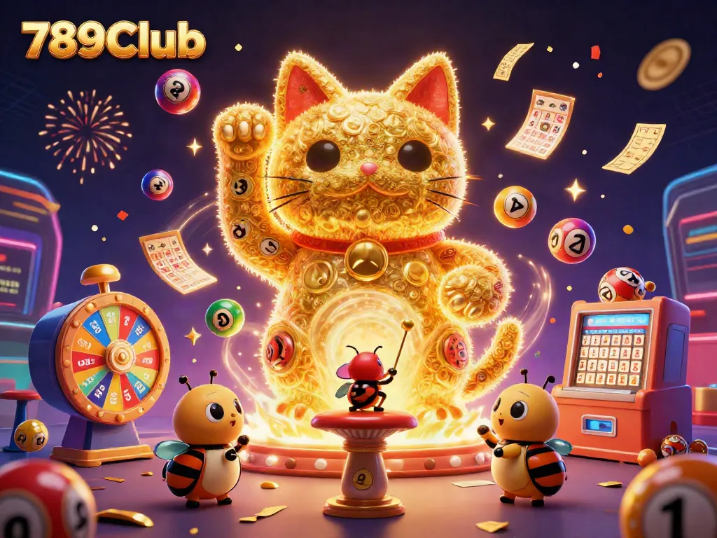 Engage with 789Club's thrilling casino experience, featuring a whimsical lucky cat and lottery elements.