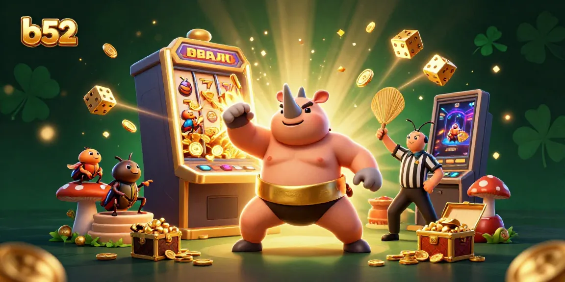 B52 Club features a vibrant 3D scene with a rhinoceros beetle sumo champion amidst casino elements, showcasing excitement.