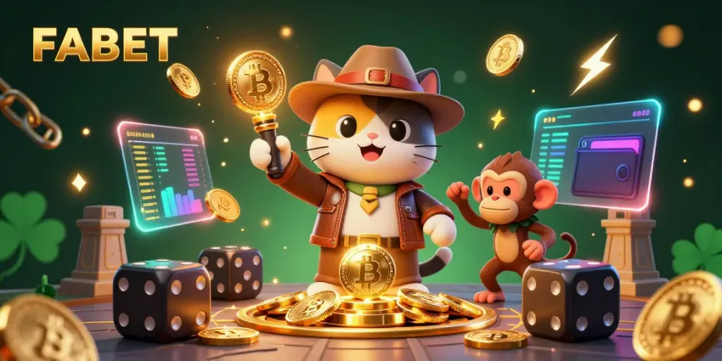 FABET showcases a thrilling 3D scene of a cat archaeologist discovering casino treasures, enriching the gaming experience.