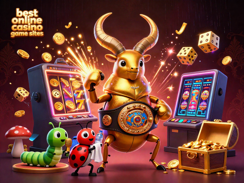 Engage with the best online casino game sites in a vibrant 3D scene featuring a champion beetle and dynamic gaming elements.