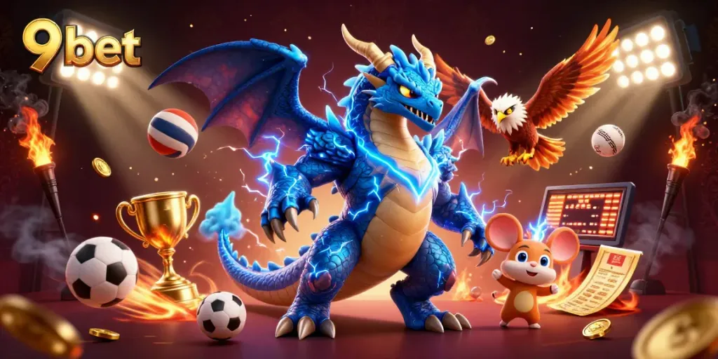 Win big with 9 bet as dynamic sports elements burst around exciting characters in a vivid casino illustration.