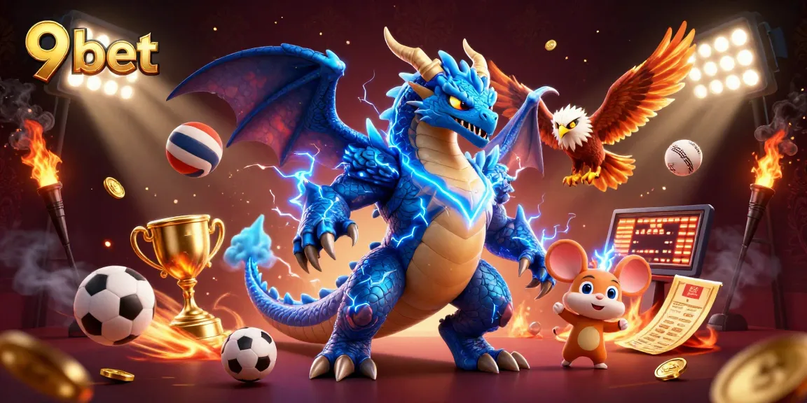 Win big with 9 bet as dynamic sports elements burst around exciting characters in a vivid casino illustration.