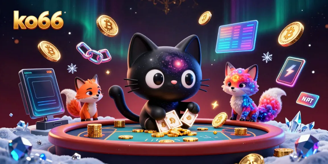 Engaging ko66 cosmic casino scene featuring a black hole cat and a nebula fox, surrounded by golden chips and crypto coins.