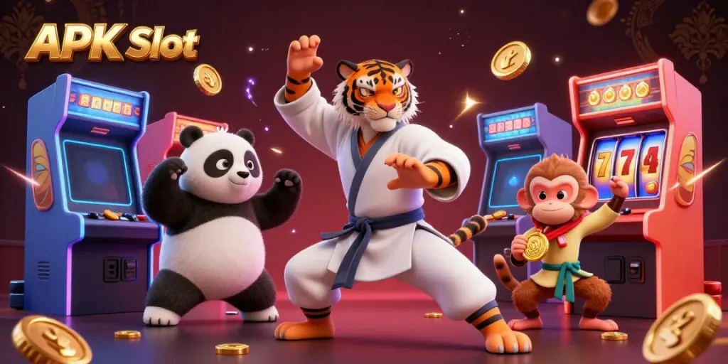 Engage with APK Slot in a vibrant casino-themed illustration featuring lively 3D cartoon characters.