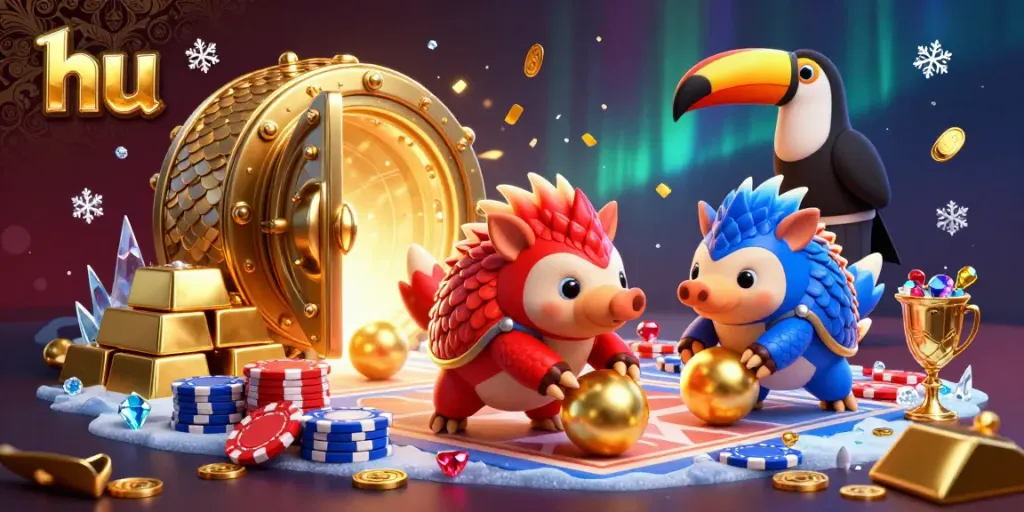Witness the thrilling hu poker showdown as rival pangolins navigate a casino of gold and jewels.