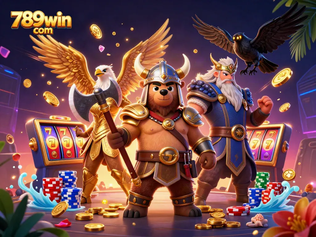 Experience thrilling wins at 789win com with a vibrant 3D illustration of casino games in action.