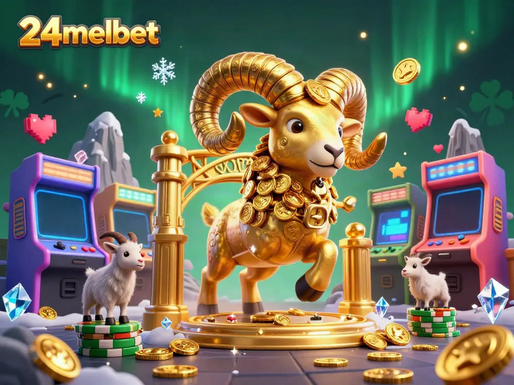 24melbet showcases a dynamic casino scene with a golden ram charging through a vibrant digital arcade environment.