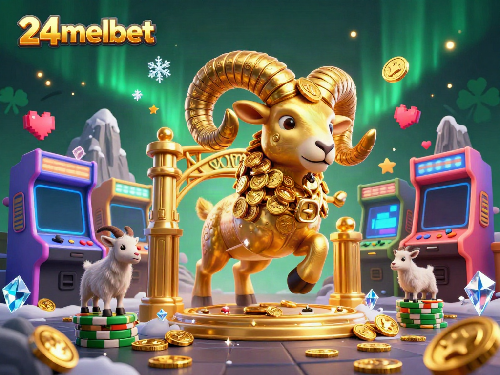 24melbet showcases a dynamic casino scene with a golden ram charging through a vibrant digital arcade environment.