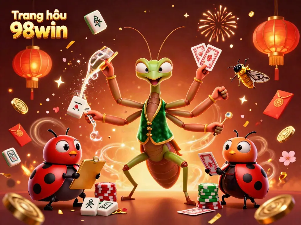 Win at Trang chủ 98win with vibrant casino action featuring a giant mantis card sharp and lively gambling elements.