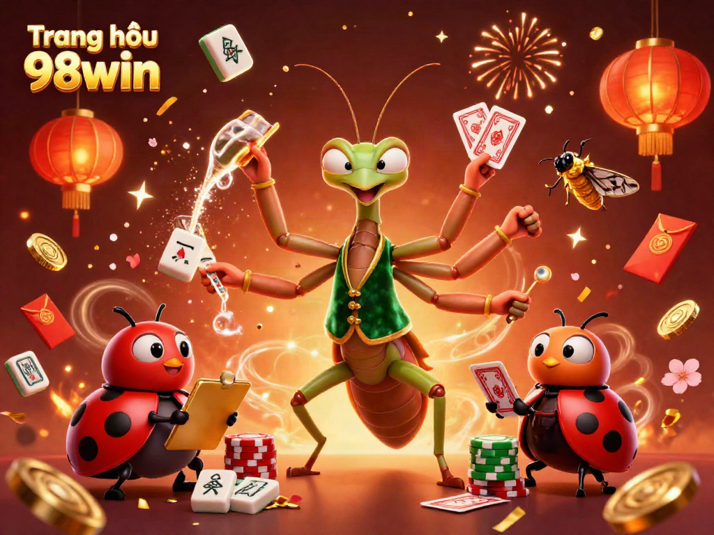 Win at Trang chủ 98win with vibrant casino action featuring a giant mantis card sharp and lively gambling elements.