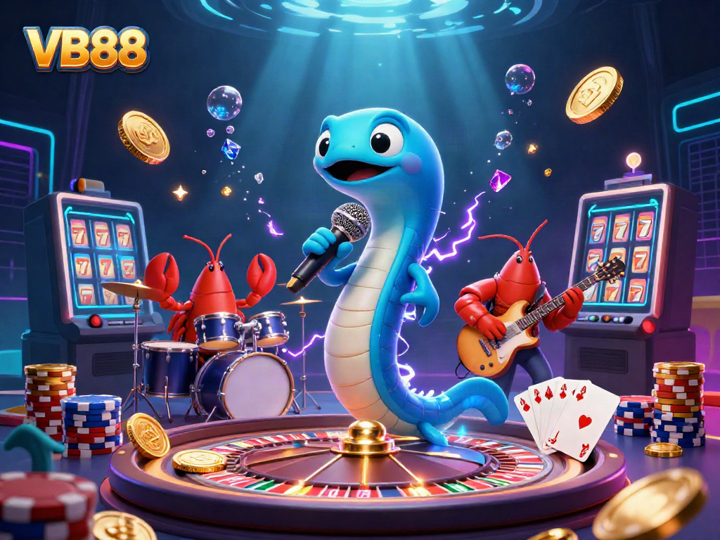 Experience thrilling gameplay at VB88 with energetic underwater casino performance by a DJ electric eel.